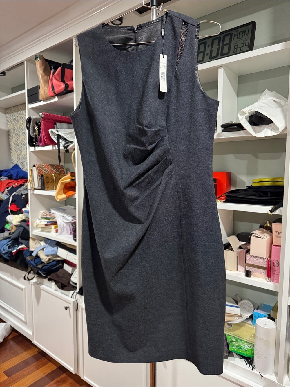 T Tahari Black Sleeveless Midi Sheath Dress with Front Drape/chain Detail